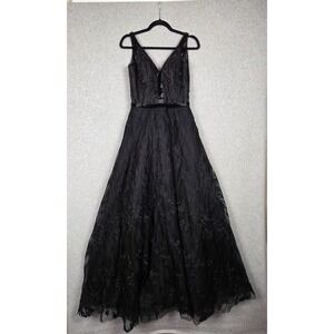 Rachel Allan Dress Womens 8 Black Beaded Floral Tulle Ball Formal Evening Prom